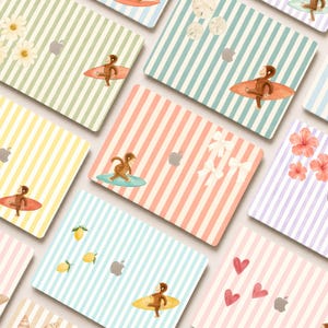 May include: A collection of laptop skins featuring vertical stripes in various pastel colors. Each skin displays a small brown monkey character on a surfboard, alongside decorative elements like daisies, sand dollars, bows, lemons, hibiscus flowers, and hearts.