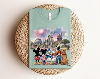 Camiseta de Mickey y sus amigos con fuegos artificiales de acuarela, camiseta del castillo de los 4 parques de Disney, camiseta de Magic Kingdom