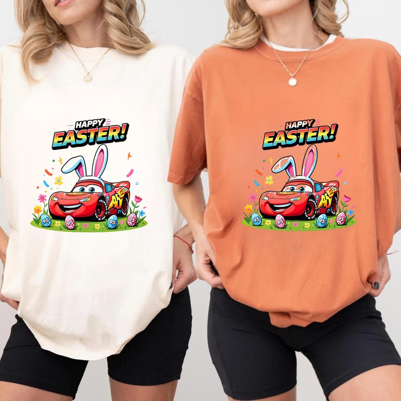 Camiseta de Pascua de Rayo McQueen, camiseta con orejas de conejo de Cars, camiseta de búsqueda de huevos de Pascua de Kachow, regalo para fanáticos de las películas de Disney Pixar, camiseta de Pascua de Magical Racing Squad imagen 8