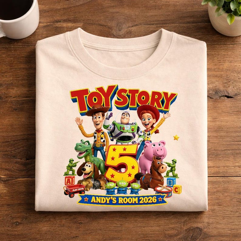 May include: A beige t-shirt featuring a colorful Toy Story graphic with characters Woody, Buzz Lightyear, Jessie, Rex, Slinky Dog, Hamm, Bullseye, and green army men. The design includes a large yellow number 5 and the text "ANDY'S ROOM 2026".