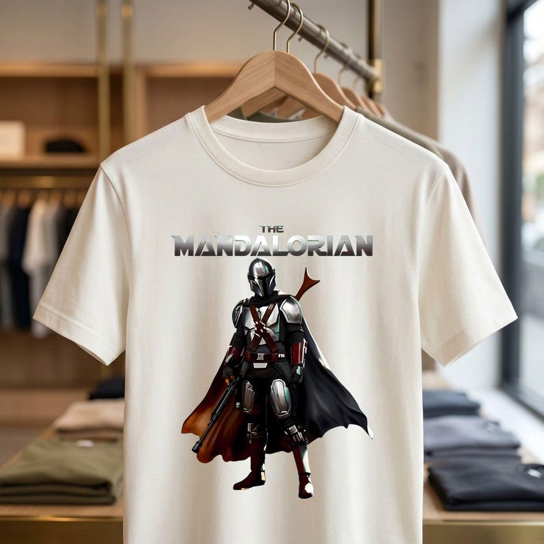 Op de afbeelding: Cr&egrave;mekleurig T-shirt met een afbeelding van The Mandalorian. Het ontwerp toont het personage in volledige uitrusting met een zwarte cape en een rood wapen. De tekst "THE MANDALORIAN" staat boven het personage in metallic zilver.