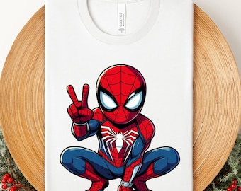 Camiseta Chibi Spider-Man, camiseta con el símbolo de la paz de Spidey en miniatura, adorable colección de regalos de superhéroes de Marvel para niños.