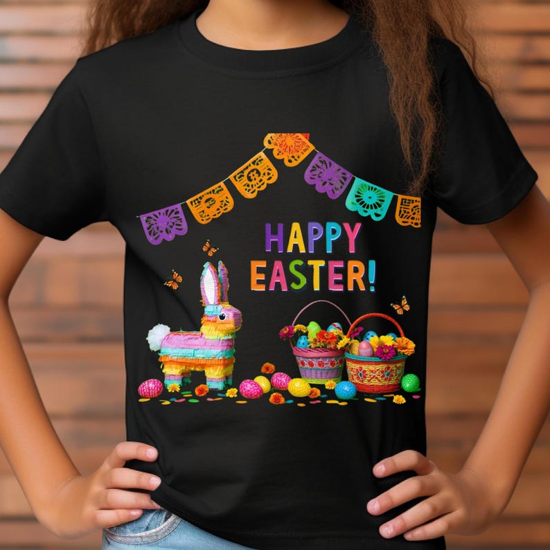 K&ouml;nnte beinhalten: Schwarzes T-Shirt mit einem farbenfrohen "Frohe Ostern!"-Motiv. Das Design umfasst einen Pi&ntilde;ata-Hasen, Osterk&ouml;rbe und dekorative Banner. Das Shirt ist mit Schmetterlingen und bunten Ostereiern verziert.
