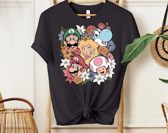 Retro Super Mario Floral Shirt, Princess Peach Mario Luigi Yoshi Tee, Nintendo Squad Flower Graphic Top, Gamer Girl Gift, Classic Video Game