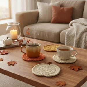 Könnte beinhalten: Drei runde, kürbisförmige Häkeluntersetzer in den Farben Orange, Senfgelb und Creme. Die Untersetzer sind auf einem Holztisch neben zwei Keramiktassen, einer orangefarbenen und einer cremefarbenen, mit verstreuten Herbstblättern angeordnet.