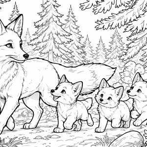 May include: A black and white illustration of a fox and three cubs in a forest setting. The adult fox leads the way, with the young foxes following. The background depicts trees and undergrowth, creating a woodland scene.