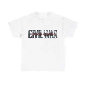 A white t-shirt with the text "CIVIL WAR" printed on it.