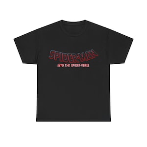 A black t-shirt with the text "SPIDERSMAN INTO THE SPIDERSVERISE" printed on it in a stylized font.