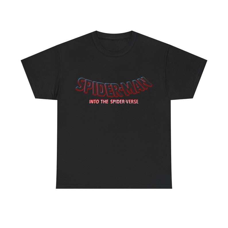 A black t-shirt with the text "SPIDERSMAN INTO THE SPIDERSVERISE" printed on it in a stylized font.