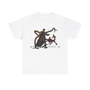 A white t-shirt with a graphic design featuring Spider-Man and another character, along with the text "SPIDER-MAN 2".
