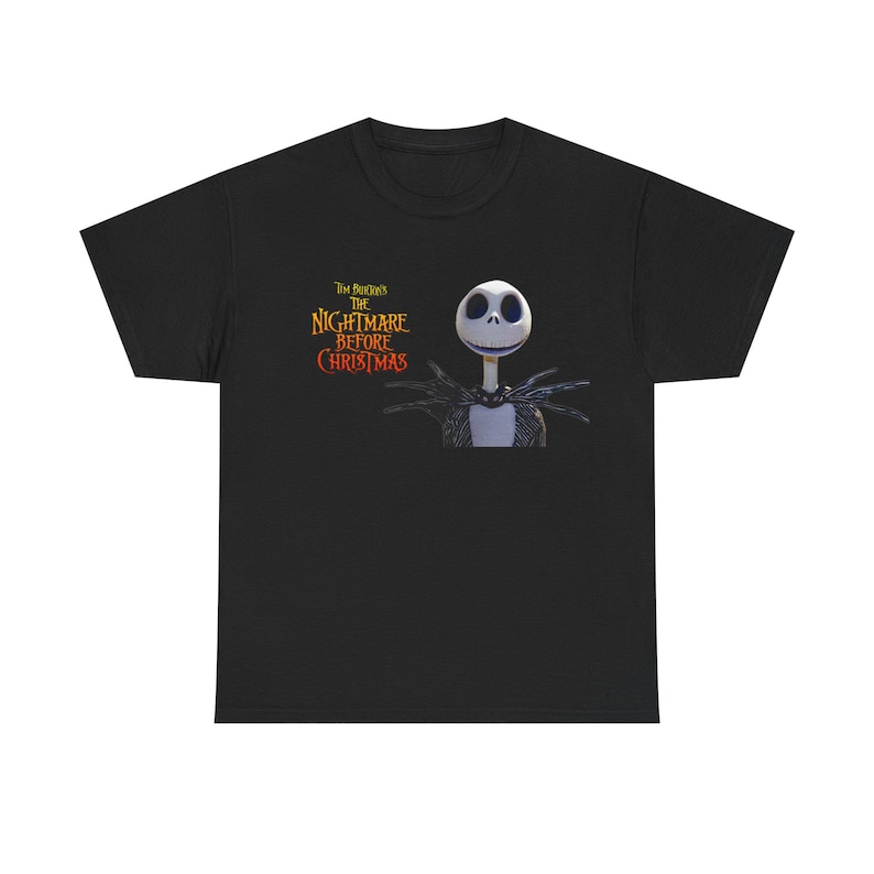 A black t-shirt with a graphic design featuring the character Jack Skellington from the movie "The Nightmare Before Christmas".