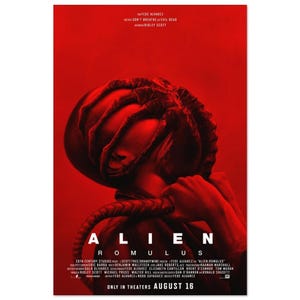 May include: A movie poster for Alien: Romulus featuring a dark, textured creature with long, spindly appendages wrapped around a human head against a solid red background. The title Alien: Romulus is printed in white text at the bottom with credits.