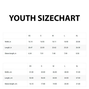 a youth size chart with measurements for different sizes, such as XS, S, M, L, and XL. The chart provides width, length, and sleeve length for each size, along with corresponding prices. The chart is designed to help customers determine the appropriate size based on their measurements.