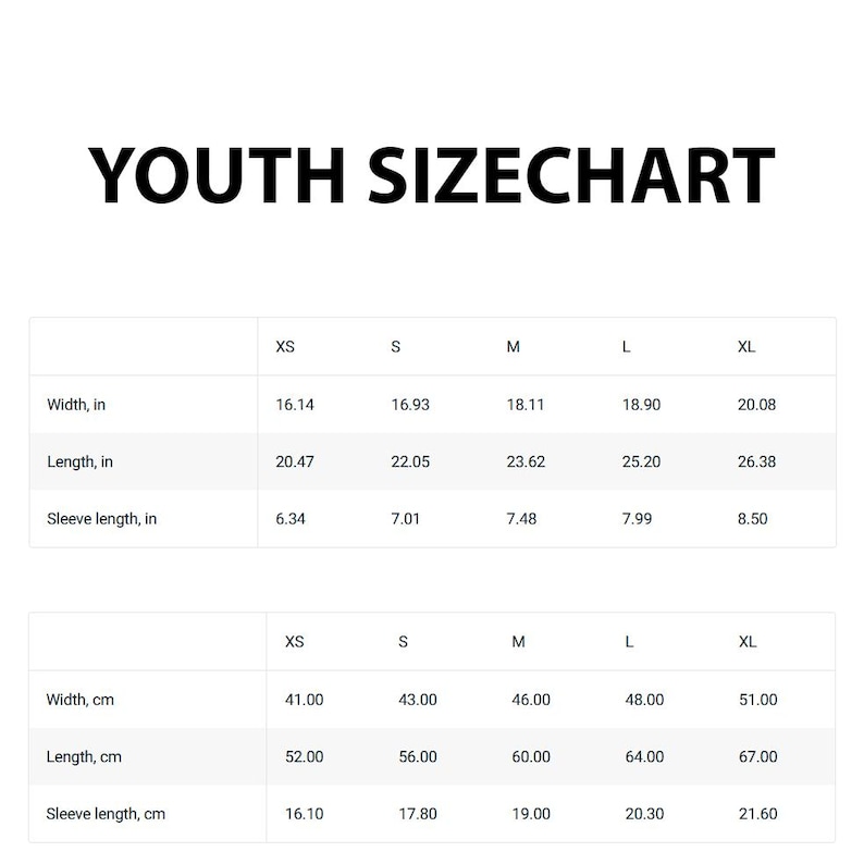 a youth size chart with measurements for different sizes, such as XS, S, M, L, and XL. The chart provides width, length, and sleeve length for each size, along with corresponding prices. The chart is designed to help customers determine the appropriate size based on their measurements.