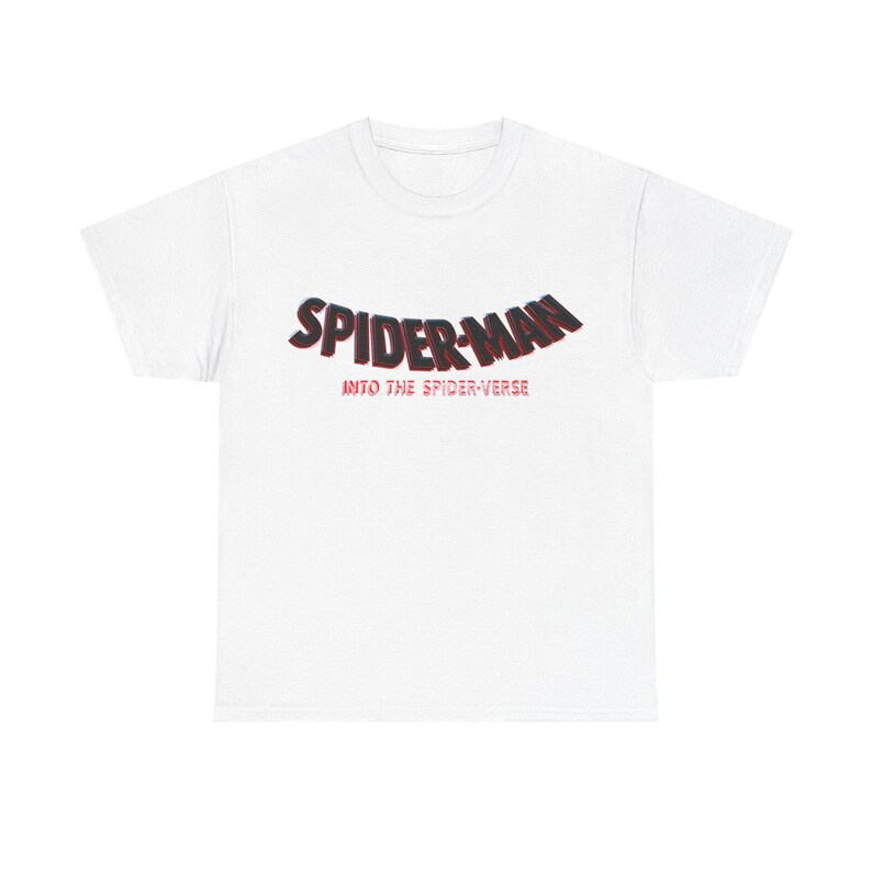A white t-shirt with the text "SPIDERSMAN INTO THE SPIDERSVERSE" printed on it.