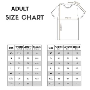 a size chart for adult t-shirts, with measurements and corresponding sizes for different body types.