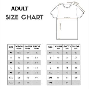 a size chart for adult t-shirts, with measurements and corresponding sizes for different body types.