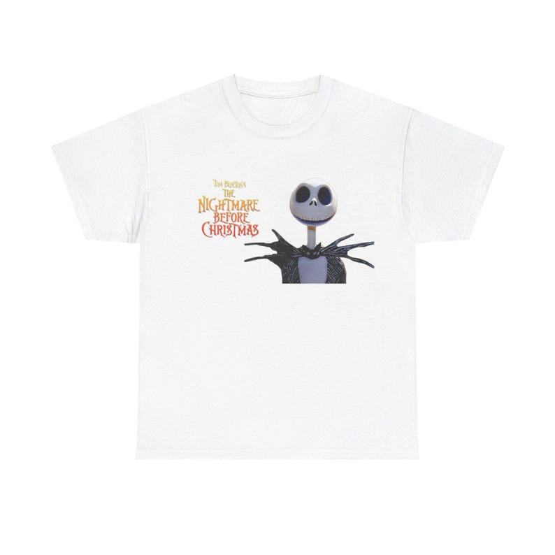 A white t-shirt with a graphic design featuring the character Jack Skellington from the movie "The Nightmare Before Christmas".
