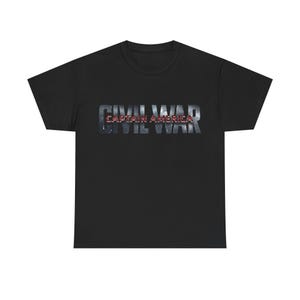 A black t-shirt with the text "CIVIL WAR" printed on it in a stylized font.
