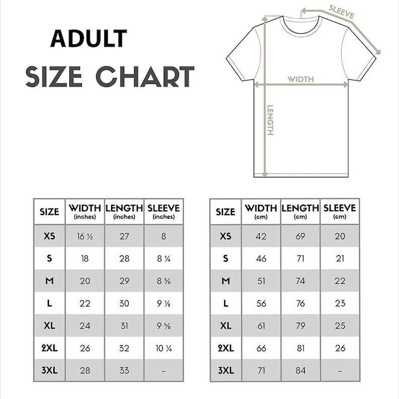 a size chart for adult t-shirts, with measurements and corresponding sizes for different body types.