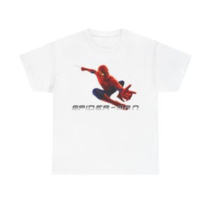A white t-shirt with a graphic of Spider-Man in action.