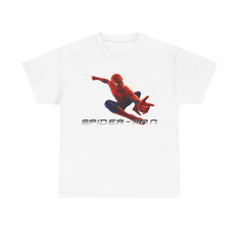 A white t-shirt with a graphic of Spider-Man in action.