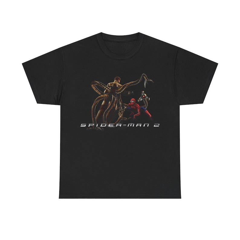 A black t-shirt with a graphic design featuring characters from the Spider-Man franchise, including Spider-Man, Spider-Man 2, and another character.