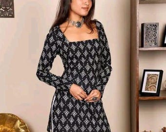 Handmade Black Cotton chadi Printed Kurti with Square Neck Summer wear