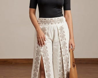 Women khadi block printed palazzo pants boho style wide legs trousers waist ethnic