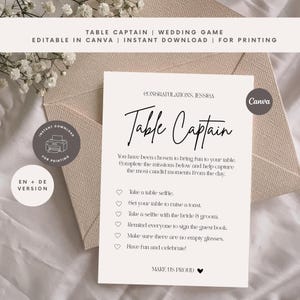 Op de afbeelding: Een witte trouwspelkaart met de titel Table Captain en zwarte tekst met opdrachten zoals een tafel-selfie maken, een toost uitbrengen, een selfie maken met het bruidspaar, het gastenboek laten tekenen en plezier maken tijdens de dag.