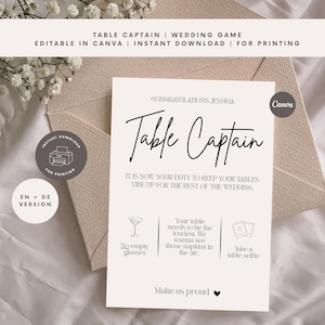 May include: A white wedding game card titled Table Captain with black text and line art icons. The card includes instructions to keep tables lively, featuring a martini glass, napkin, and photo icons, with the text Make us proud and a heart.