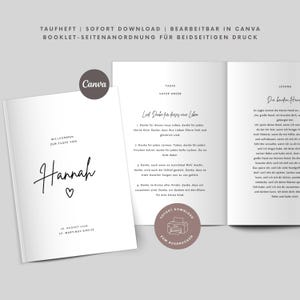 Könnte beinhalten: Ein weißes Booklet mit dem Namen "Hannah" in eleganter Schrift und einem Herzsymbol. Das Booklet enthält Text auf Deutsch, mit dem Canva-Logo sichtbar. Das Design ist minimalistisch und für eine Taufe geeignet.