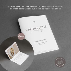 Könnte beinhalten: Ein weißes Kirchenheft mit schwarzem Text KIRCHLICHE Trauung, CHARLOTTE & MARK, ST. MARTINUS KIRCHE, 18. AUGUST 2026 und einem kleinen Herzsymbol. Ein Ausschnitt zeigt das geöffnete Heft mit einem goldenen Ring und gedrucktem Text.