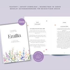 Könnte beinhalten: Eine Taufheft-Vorlage mit weißem Einband, floralen Aquarell-Illustrationen, dem Namen Emilia und Datumsangaben. Die Innenseiten zeigen deutschen Text, darunter ein Gebet und eine Lesung, ergänzt durch kleine florale Akzente auf den Seiten.