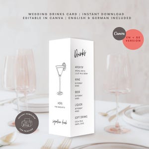 Peut inclure: Une carte de boissons de mariage blanche et pliée, avec une illustration de cocktail et des options de boissons. La carte comprend des catégories telles que Apéritif, Vin, Bière, Liqueur et Boissons sans alcool. Le texte indique "Wedding Drinks Card" et "Instant Download".