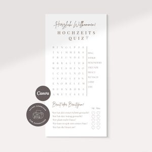 Op de afbeelding: Een witte huwelijksquizkaart met de tekst "Herzlich Willkommen! HOCHZEITS QUIZ" in elegant schrift. De kaart bevat een woordzoeker en vragen voor bruid en bruidegom, met Canva- en afdrukpictogrammen.
