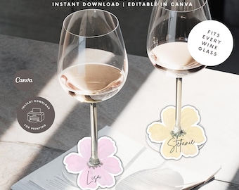 Modello stampabile per segnaposto a forma di bicchiere da vino – Etichette nominative floreali modificabili per matrimoni ed eventi