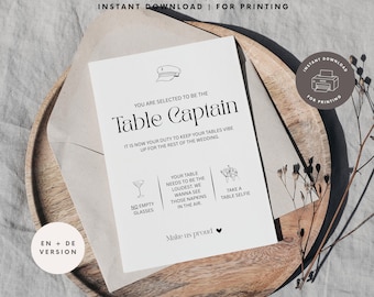 Tarjetas de misión para el capitán de mesa | Juego de capitán de mesa para bodas | Actividad imprimible para bodas en formato A6 | Inglés y alemán | Descarga instantánea en PDF