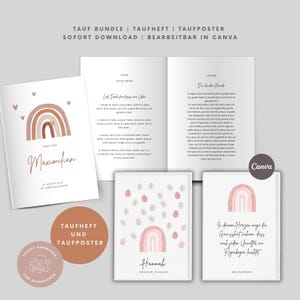 Könnte beinhalten: Eine Sammlung von Tauf-Papeterie, darunter ein Heft, ein Poster und Karten. Die Designs zeigen Aquarell-Regenbögen in gedämpften Tönen, mit handschriftlichem Text. Das Set ist für die Bearbeitung in Canva konzipiert.