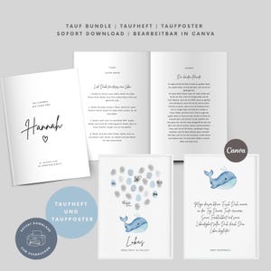 Könnte beinhalten: Eine Sammlung von Tauf-Printables, darunter ein Heft, ein Poster mit einer Wal-Illustration und ein Fingerabdruck-Kunstwerk. Die Designs zeigen sanfte Blautöne und handgeschriebene Schriftarten mit Text auf Deutsch.