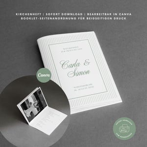 Pode incluir: Um livreto de casamento branco com texto em verde sálvia lendo Carla & Simon, Martinikirche, 16. August 2026 e Willkommen zur Trauung von. A capa apresenta uma borda de linhas finas e um detalhe mostra as páginas internas com foto.