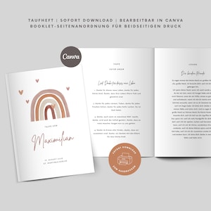 Könnte beinhalten: Ein Taufheft mit einer Regenbogen-Illustration und dem Namen "Maximilian". Das Heft enthält den Text "TAUFHEFT | SOFORT DOWNLOAD | BEARBEITBAR IN CANVA" und "BOOKLET-SEITENANORDNUNG FÜR BEIDSEITIGEN DRUCK". Das Canva-Logo ist sichtbar.