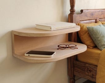 Mesita de noche flotante, estante de pared para mesita de noche, mesita de noche de madera maciza de roble,