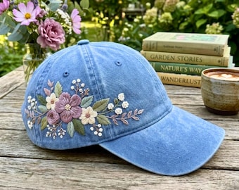 Hand Embroidered Wildflower Washed Cotton Cap, Floral Baseball Hat