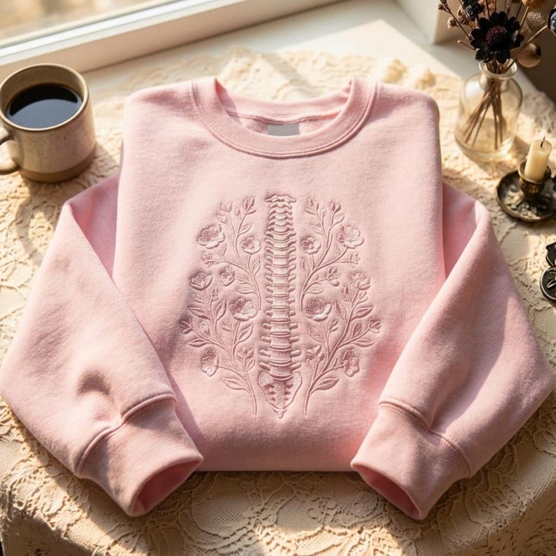Op de afbeelding: Een lichtroze sweatshirt met lange mouwen en een centraal borduursel van een menselijke ruggengraat, geflankeerd door delicate bloemtakken met bladeren en bloesems. Het kledingstuk heeft een ronde hals en geribbelde boorden aan de mouwen.