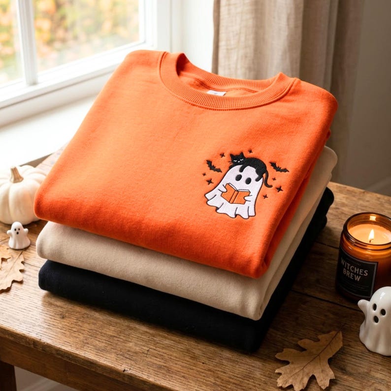 Embroidered Ghost Reading Book Cat Sweatshirt, Fall Halloween Crewneck image 3