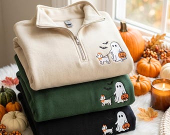 Embroidered Ghost Dog Quarter Zip Sweatshirt, Spooky Halloween Dog Lover Apparel