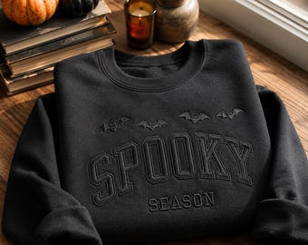 Embroidered Spooky Season Sweatshirt, Halloween Bat Crewneck