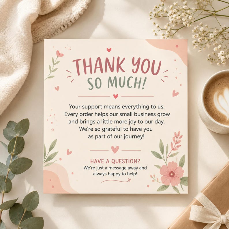 Op de afbeelding: Een vierkante bedankkaart met een cr&egrave;mekleurige achtergrond, voorzien van de tekst THANK YOU SO MUCH! in donkerroze en groen. De kaart bevat een dankbetuiging, kleine hartillustraties en bloemaccenten in roze en groene tinten.