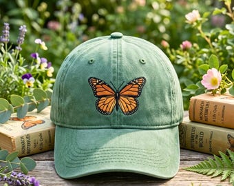 Embroidered Monarch Butterfly Washed Cotton Baseball Cap, Garden Sun Hat